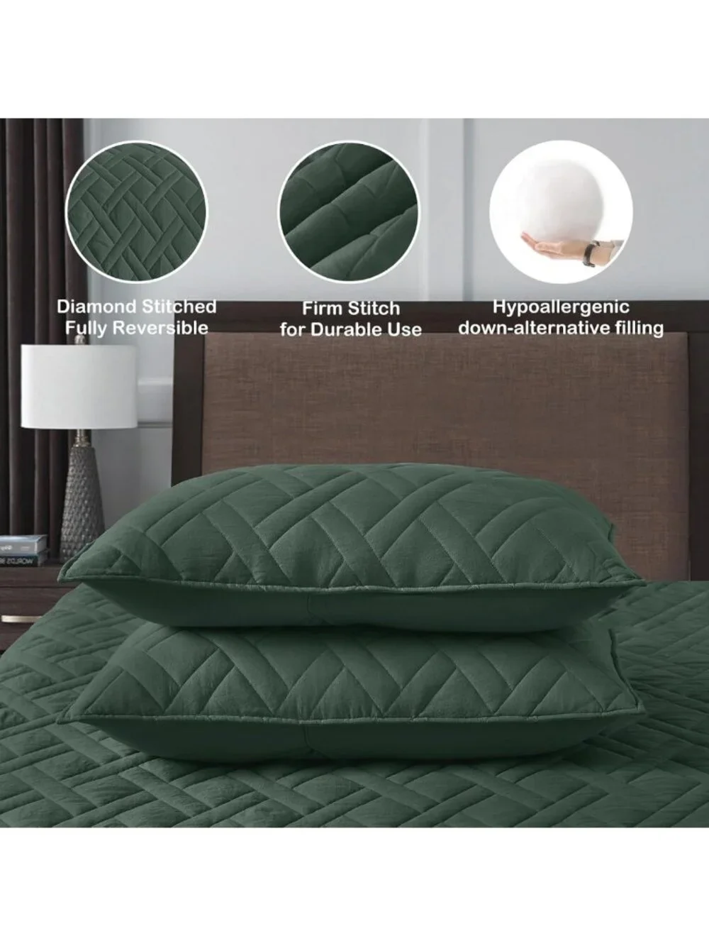 King Size Dark Green Quilt Set - Classic Geometric Pattern, Soft Microfiber